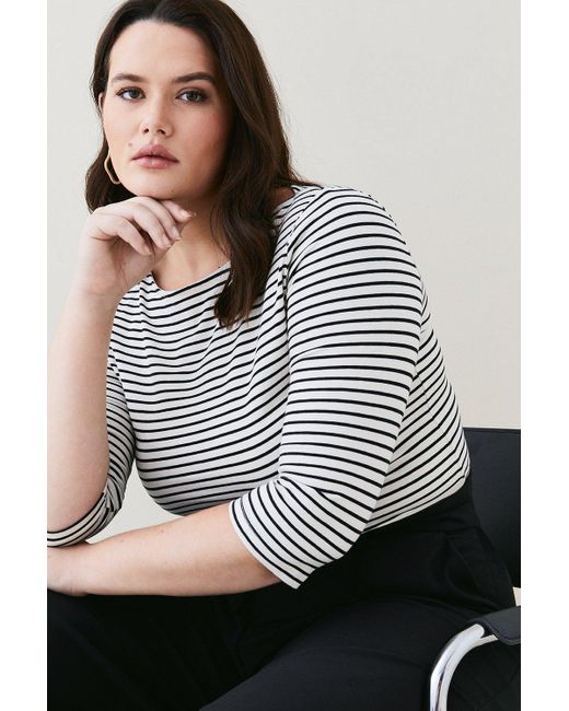 Karen Millen White Plus Size Cotton Stripe 3/4 Sleeve Top