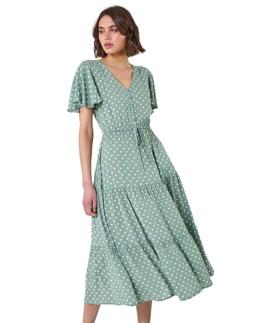 Roman Green Polka Dot Tiered Smock Dress