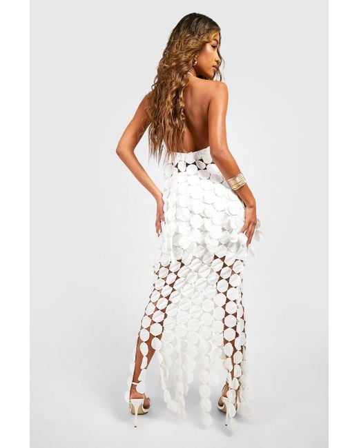 Boohoo White Disk Crochet Asymmetric Hem Maxi Skirt