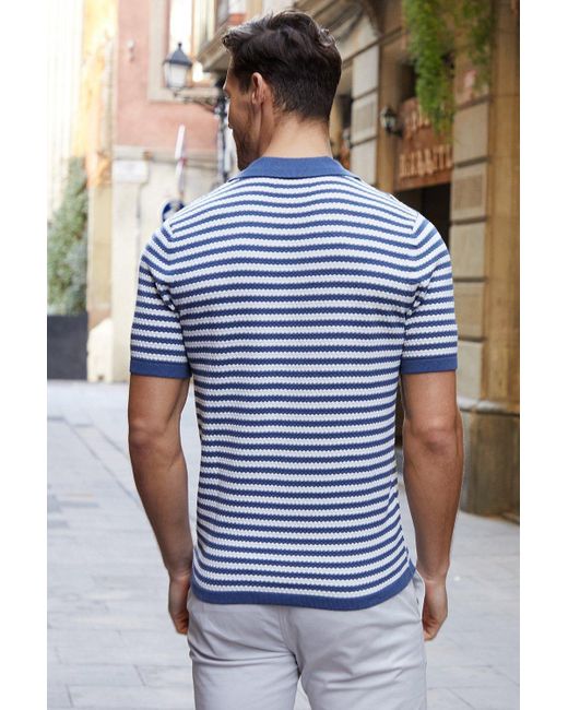 Threadbare Blue 'coniston' Cotton Mix Striped Short Sleeve Knitted Shirt for men