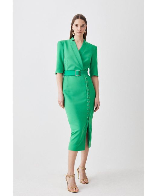 KarenMillen Green Tall Compact Stretch Lace Up Forever Midi Dress