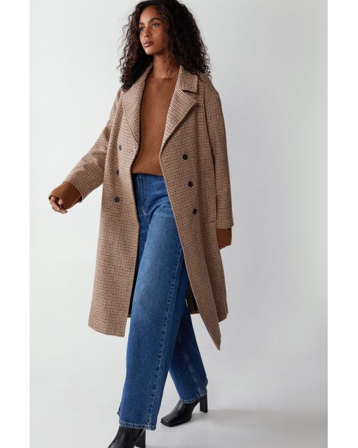 Warehouse Blue Checked Wool Double Breasted Boyfriend Coat