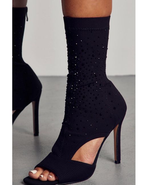 MissPap Blue Embellished Knitted Cut Out High Heels