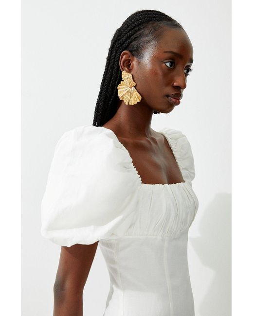 Karen Millen White Petite Viscose Linen Woven Puff Sleeve Midi Dress