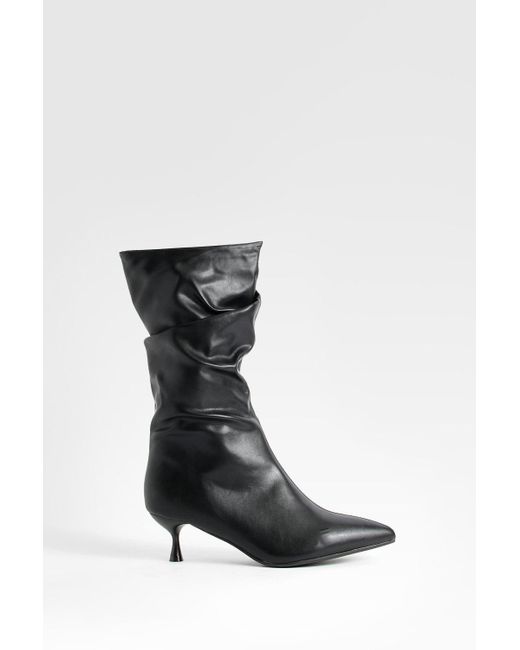 Boohoo Black Wide Fit Ruched Low Heel Knee High Boots