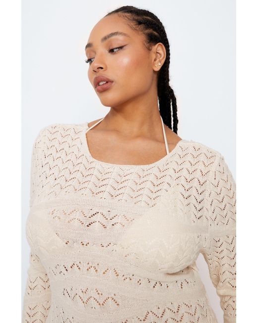 Nasty Gal Natural Plus Size Long Sleeve Open Back Crochet Maxi Dress