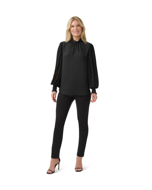 Adrianna Papell Black Pleated Sleeve Funnel Neck Top