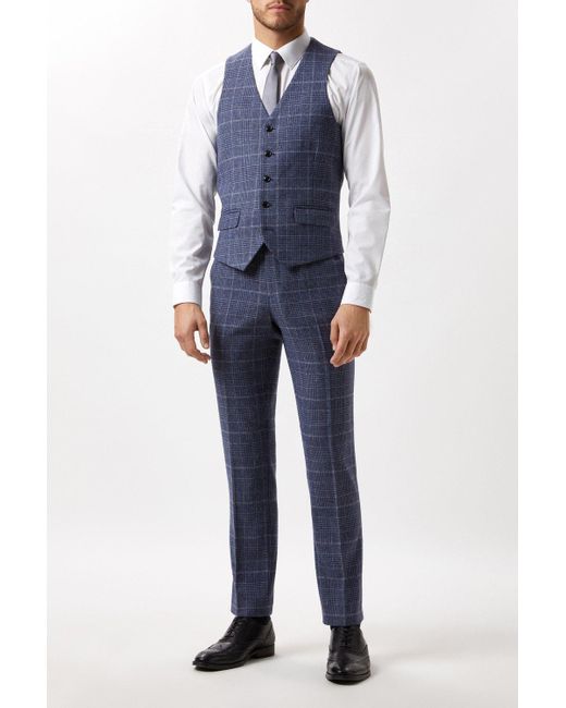 Burton Blue Slim Fit Grey Check Tweed Suit Waistcoat for men