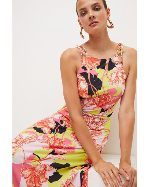 Karen Millen White Neon Floral Print Jersey Crepe Maxi Dress