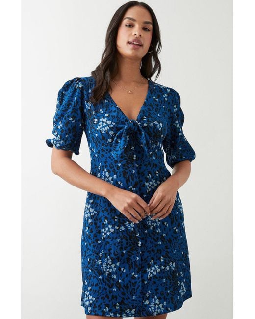 Dorothy Perkins Blue Printed Tie Front Button Through Mini Dress