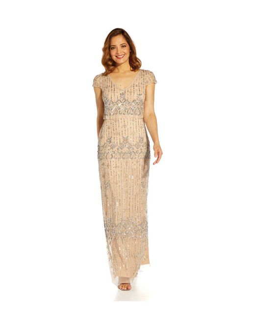 Adrianna Papell Natural Beaded Popover Column Gown