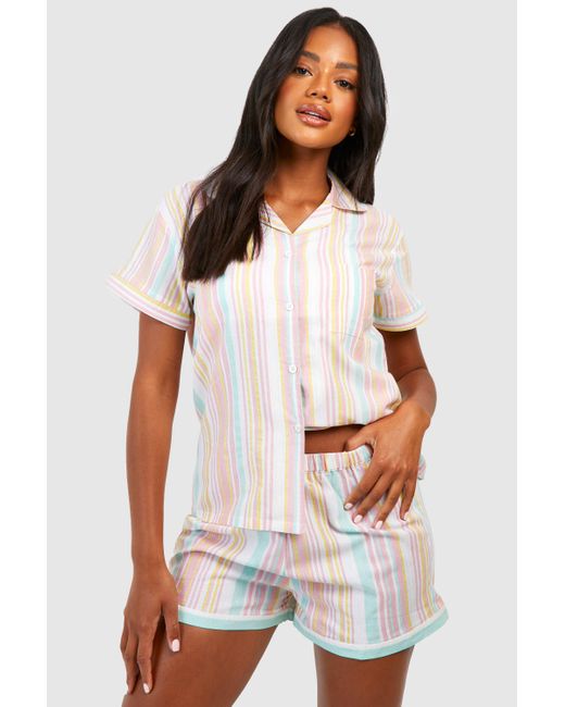 Boohoo White Cotton Stripe Pajama Shirt & Short Set