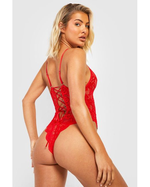 Boohoo Red Lace Up Crotchless One Piece