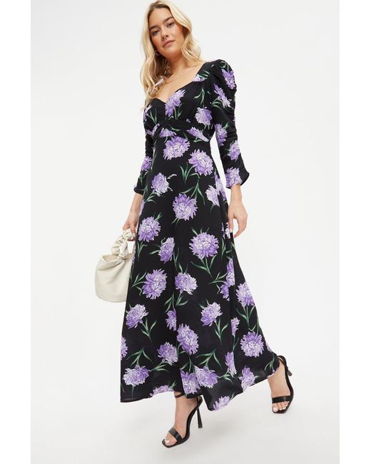Dorothy Perkins White Purple Floral Ruched Sleeve Maxi Dress