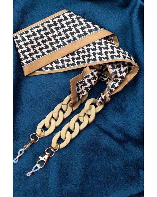 The Colourful Aura Blue Brown Zigzag Printed Cotton Scarf Reading Detachable Eyeglass Lanyard Holder