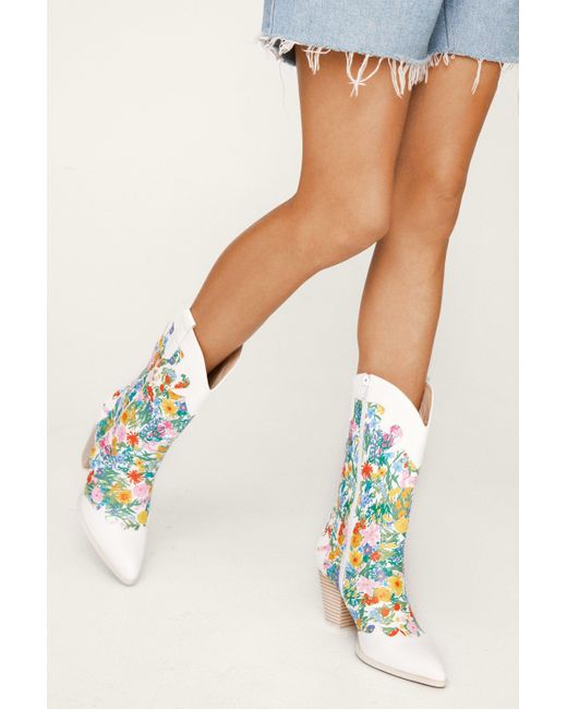 Nasty Gal Blue Contrast Floral Print Western Boots