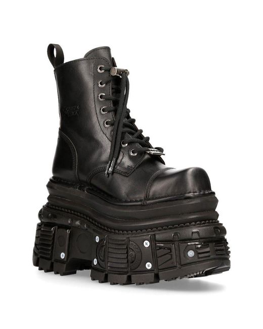 New Rock Black Metallic Leather Military Boots- Mili083cct-c4