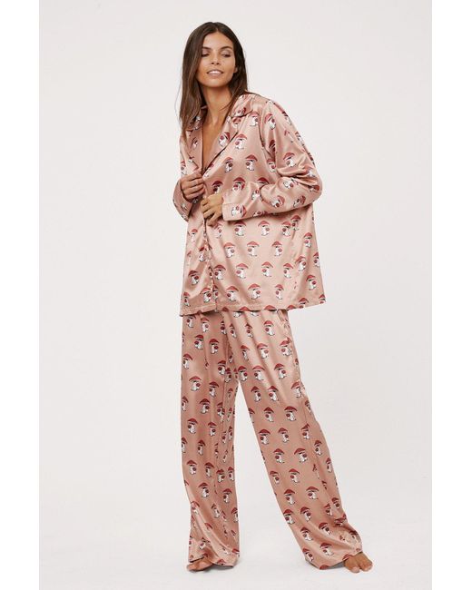 Nasty Gal Pink Satin Mushroom Print Trouser Pajama Set