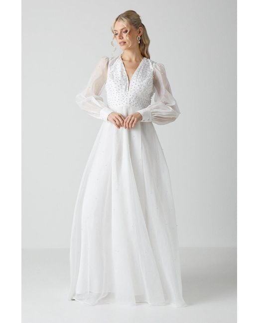 Coast White Embellished Pearl Organza Blouson Sleeve Wedding Dress