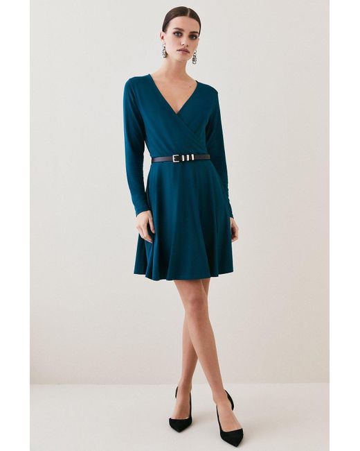Karen Millen Blue Petite Belted Viscose Blend Long Sleeve Jersey Mini Dress