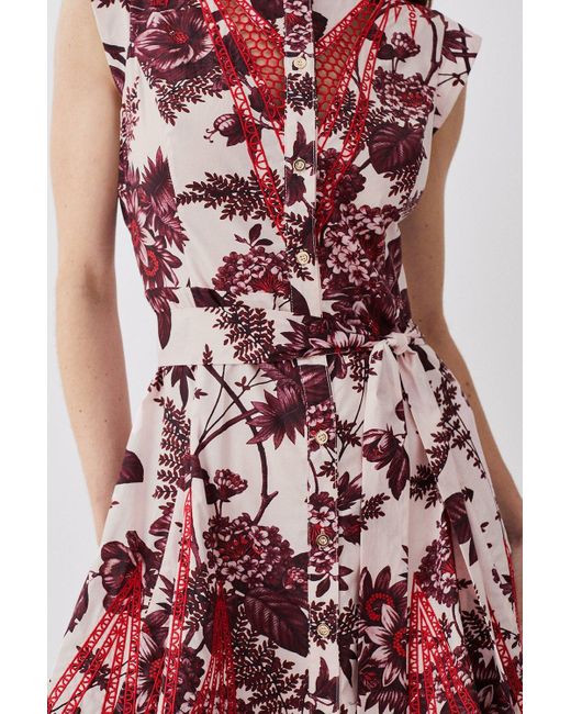 Karen Millen Red Floral Cotton Cutwork And Print Mini Shirt Dress