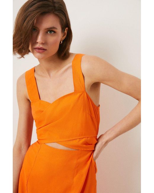 Oasis Orange Linen Look Wrap Over Midi Dress