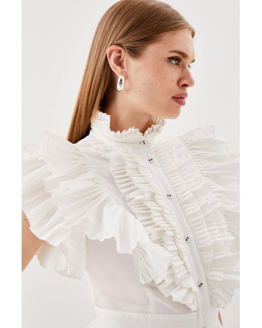 Karen Millen White Cap Sleeve Pleated Ruffle Woven Shirt