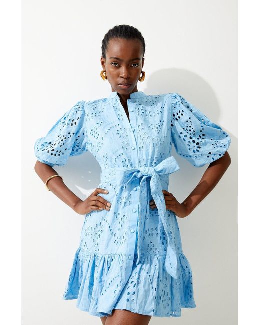 Karen Millen Blue Cotton Broderie Belted Woven Mini Dress