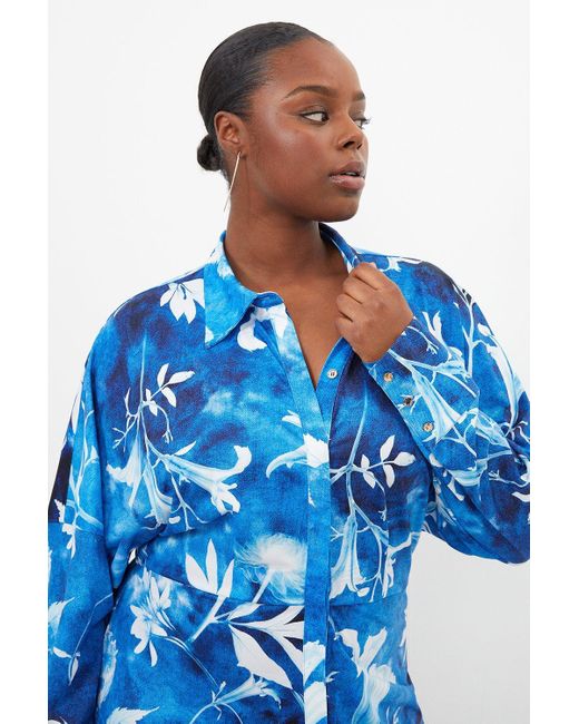 Karen Millen Blue Plus Size Pressed Floral Jersey Crepe Maxi Shirt Dress