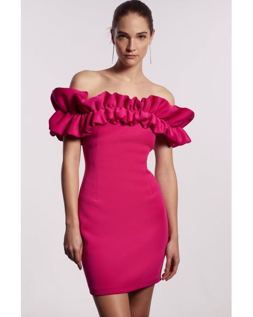 Coast Pink Statement Ruffle Bardot Scuba Mini Dress - Bright