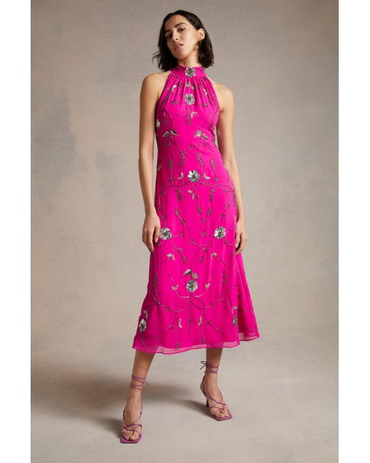 Oasis Pink Hand Embellished Sequin Halter Neck Midi Dress