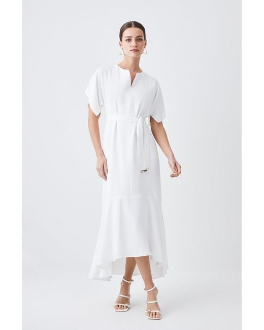 Karen Millen White Petite Soft Tailored Tie Belt Relaxed Sleeve Midi Dress