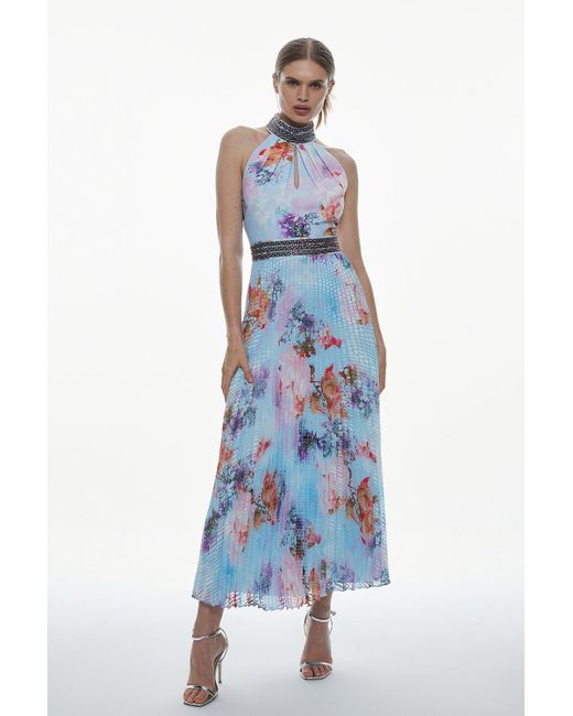 Karen Millen Blue Diamante Trim Floral Pleat Skirt Midi Dress