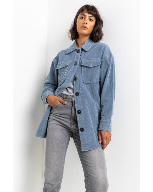 Roman Blue Washed Cord Button Through Shacket