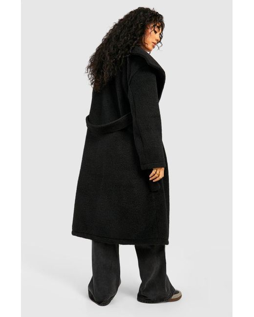 Boohoo Black Textured Shawl Collar Belted Maxi Wool Look Coat