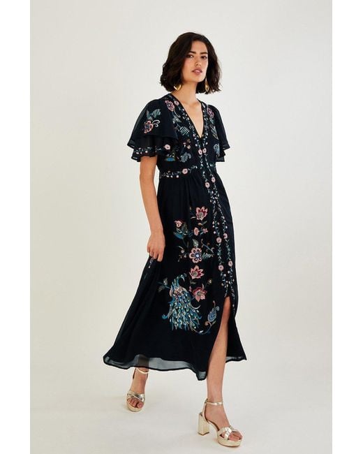 Monsoon Black 'triss' Embroidered Peacock Dress