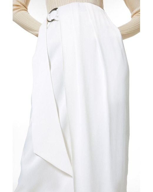 Karen Millen White Viscose Satin Crepe Wrap Midi Skirt