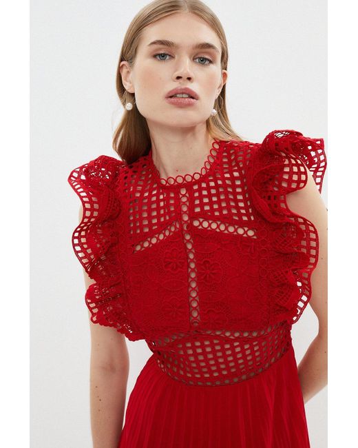Coast Red Crochet Panelled Lace Bodice Pleat Dress