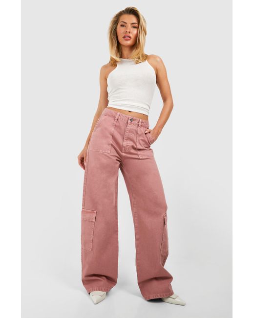 Boohoo Red Cargo Pocket Baggy Wide Leg Jeans