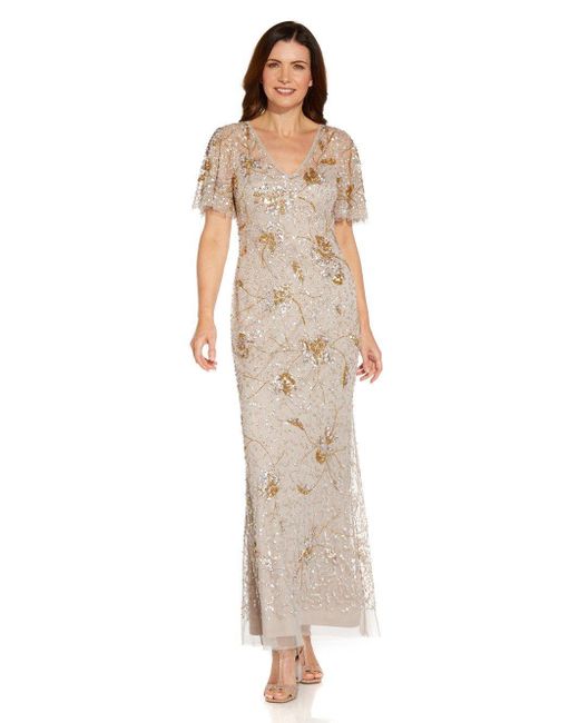 Adrianna Papell Natural Beaded Flutter Sleeve Gown