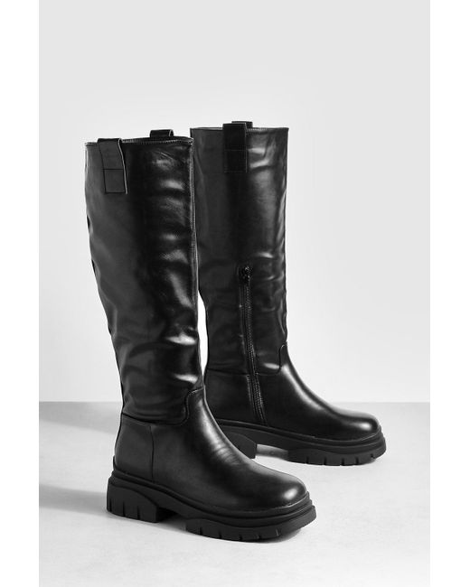Boohoo Black Wide Fit Wave Sole Knee High Boots