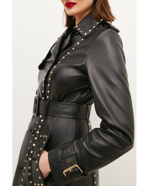 Karen Millen Black Leather Studded Trench Coat