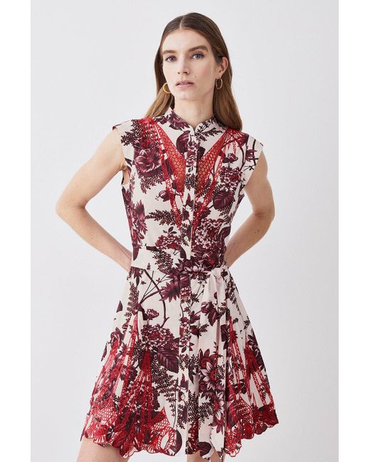 Karen Millen Red Floral Cotton Cutwork And Print Mini Shirt Dress