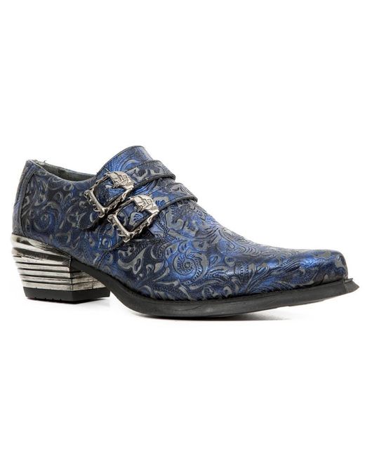 New Rock Blue Vintage Leather Buckle Shoes-7960-s7 for men