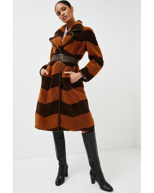Karen Millen Brown Shearling Zigzag And Leather Coat