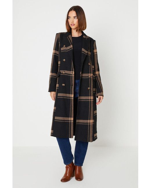 Oasis Black Petite Wool Blend Check Double Breasted Pleat Back Midi Coat