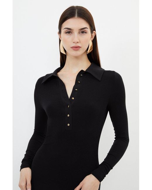 Karen Millen Black Viscose Rib Jersey Long Sleeve Collared Midi Dress