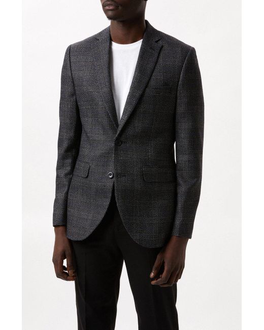 Burton Slim Fit Black Textured Check Blazer for men