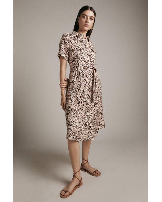 Karen Millen Brown Animal Print Linen Viscose Woven Midi Shirt Dress