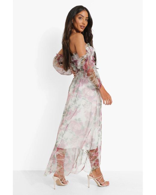 Boohoo White Floral Mesh Ruched Maxi Dress